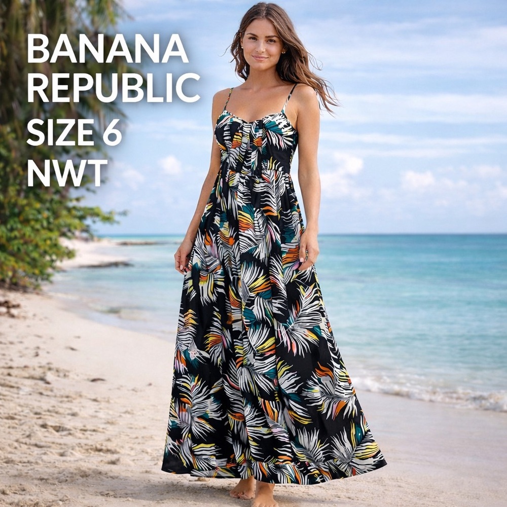 Banana Republic Tropical Palm Print Maxi Dress size  6 Crisscross  Vacation New